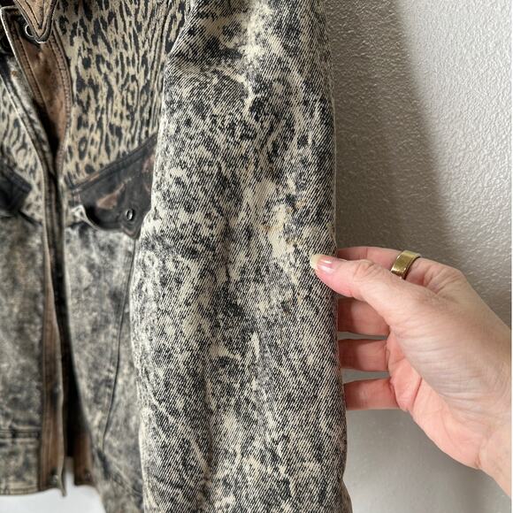 Winlit Vintage Tan Black Suede & Denim Acid Wash Animal Print Biker Jacket S - Picture 13 of 16
